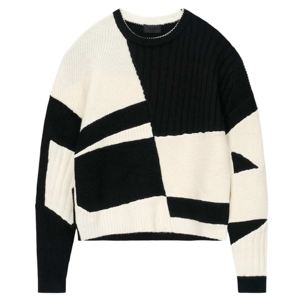 NWT RtA Aimee Wool Blend Geometric Colorblock Knit Sweater Black White Size L - Picture 6 of 16